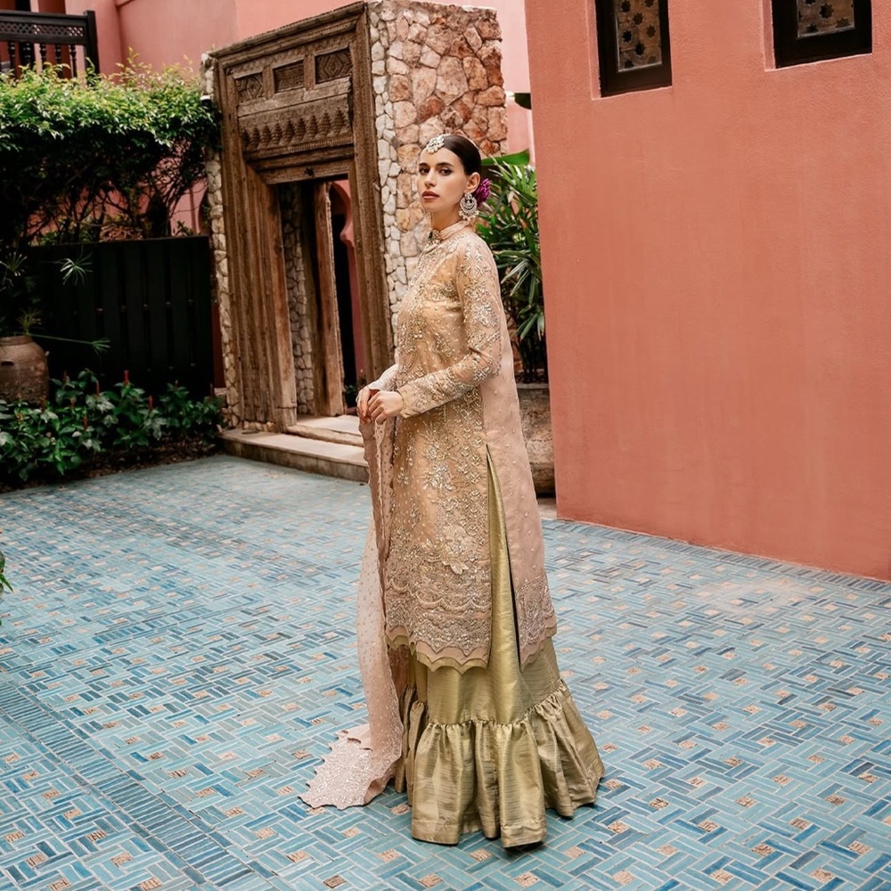 Elegant Gold and Green Embroidered Pakistani  Dress Maryum n Maria